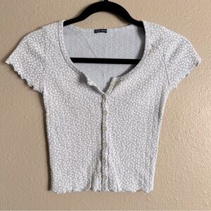 Brandy Melville Light Blue White Floral Short Sleeve Button Up Size Small